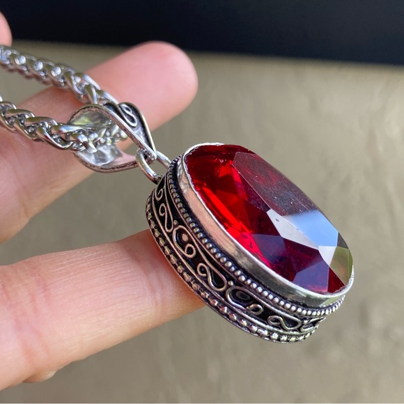 925 sterling silver overlay charm red garnet cz stone stainless steel necklace - Picture 9 of 16